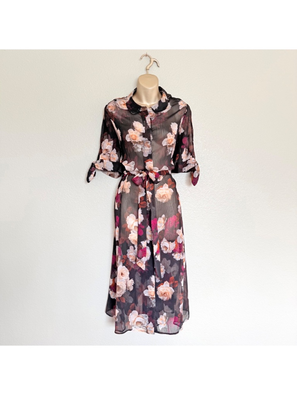 Moody Romantic Whimsigoth Sheer Floral Midi Shirt Dress Calvin Klein Sz 12